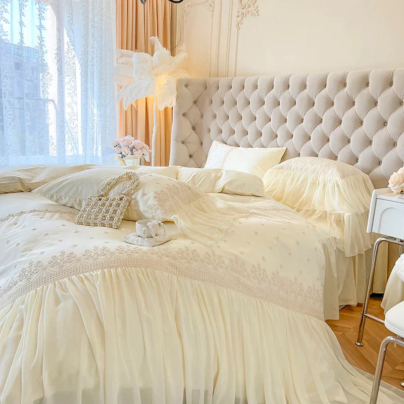 Afralia™ French Vintage Lace Ruffles Beige Cotton Princess Wedding Bedding Set