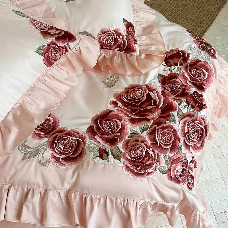 Afralia™ Butterfly Flowers Embroidery Ruffles Wedding Bedding Set: 1400TC 100% Egyptian Cotton