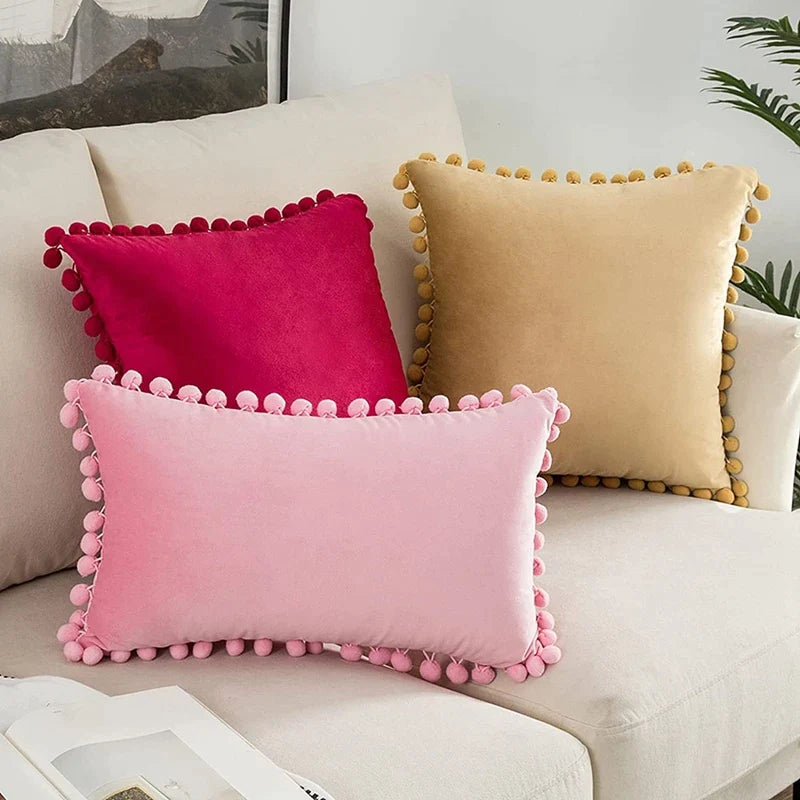 Afralia™ Velvet Pom Pom Throw Pillow Cover for Large Sofa, Soft Cozy Cushion Case