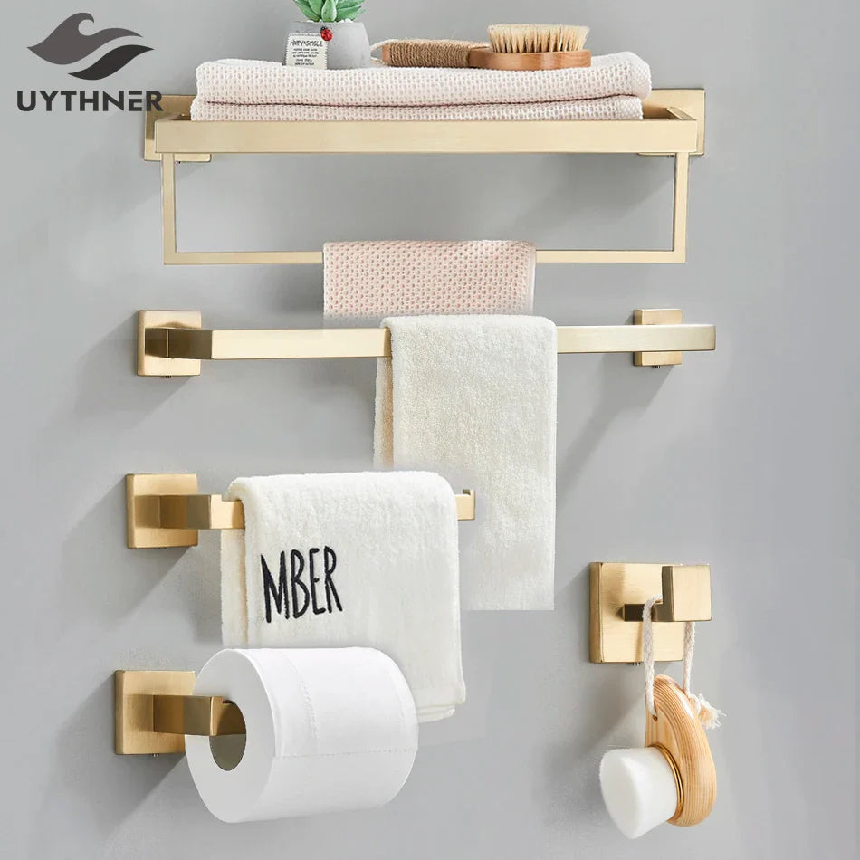 Afralia™ Brushed Gold Bathroom Set: Towel Bar, Robe Hook, Shelf, Tissue Holder & Accessories