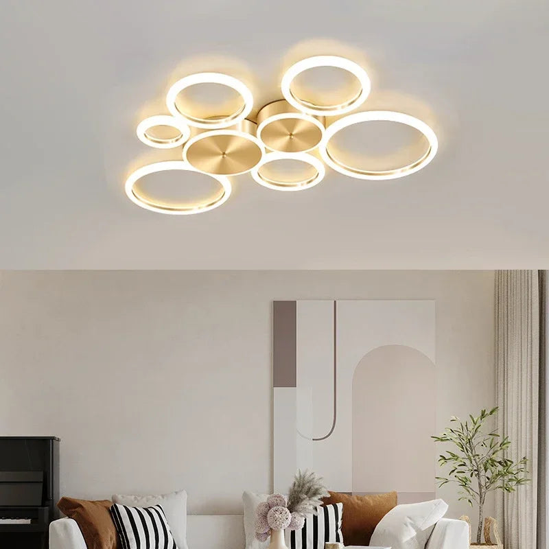 Afralia™ Modern LED Circle Rings Golden Ceiling Chandelier