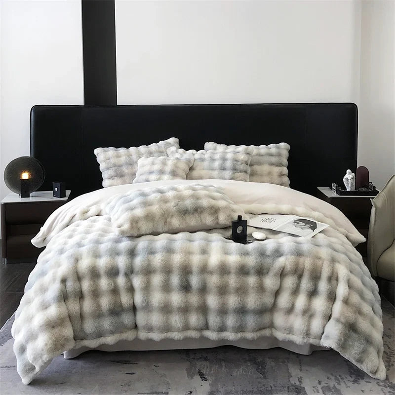Afralia™ Faux Rabbit Fur Velvet Bedding Set, Plush Duvet Cover, Sheet, Pillowcases, Gradient Color