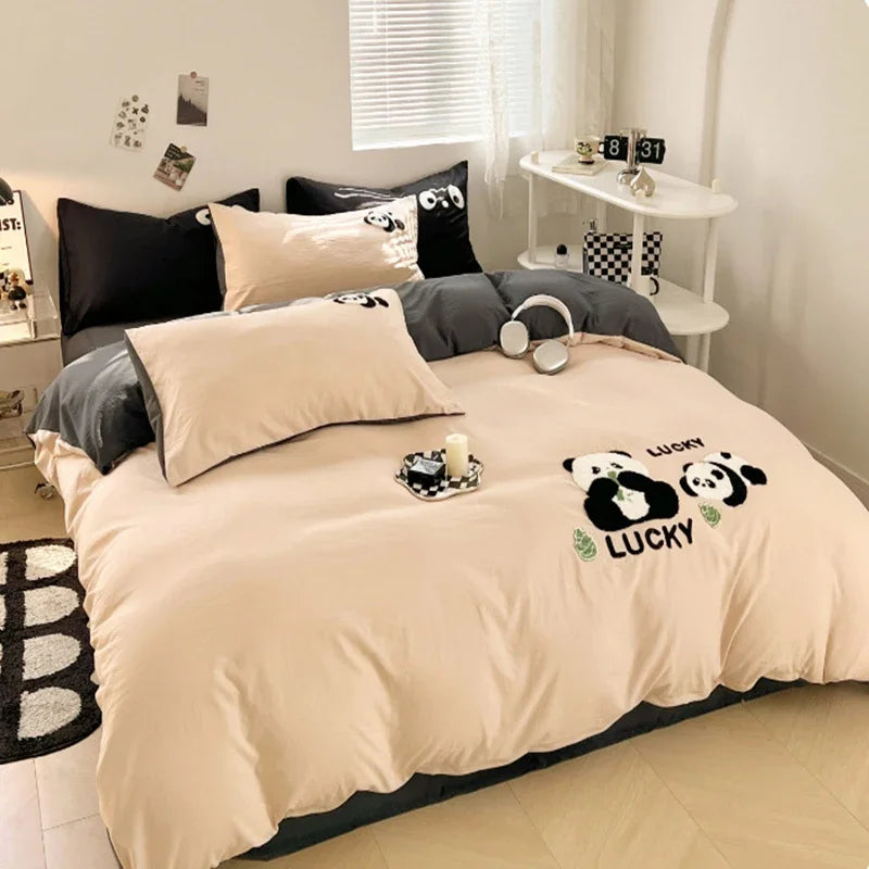 Afralia™ Panda Embroidery Washed Cotton Comforter Set with Fitted Sheet