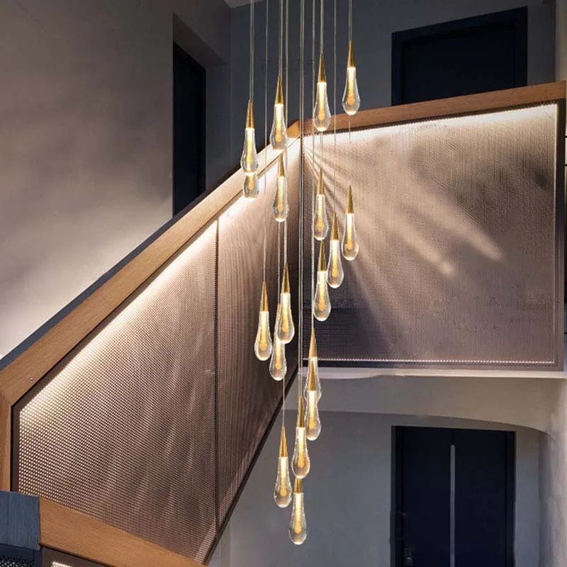 Afralia™ Crystal Tear Drop Chandelier for Staircase, LED Pendant Light in Gold - Indoor Decor