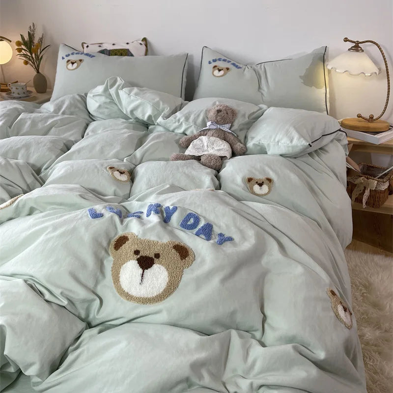 Afralia™ Lovely Bear & Sheep Embroidered Bedding Set - Duvet Cover, Sheets, Pillowcase