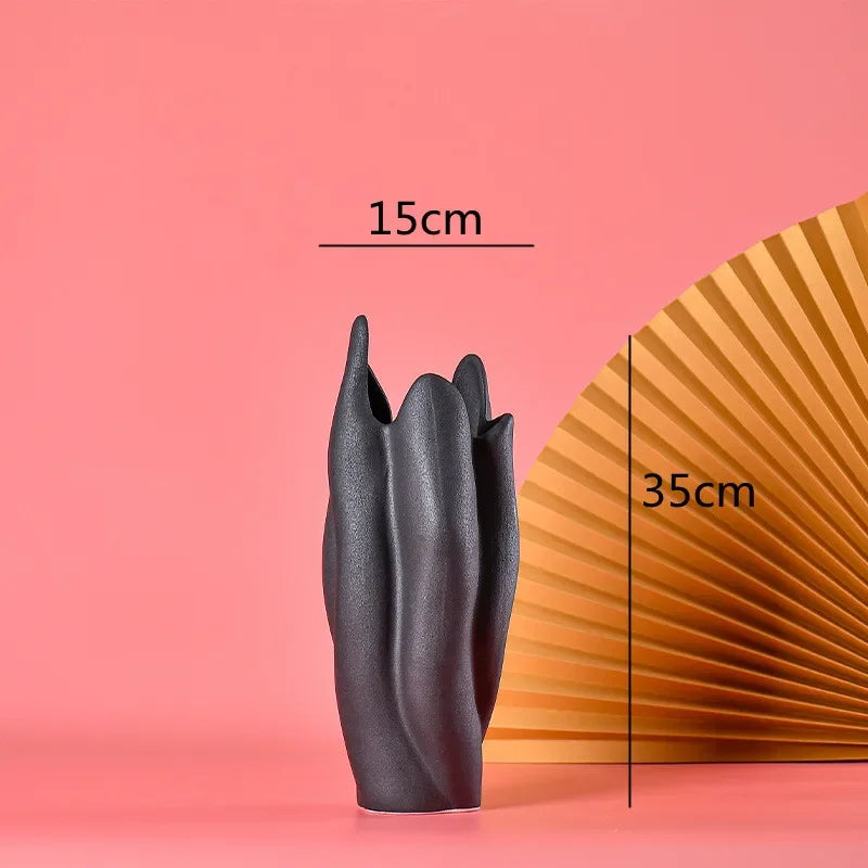 Afralia™ Black Texture Ceramic Vase Irregular Crafts Flower Arrangement Home Decoration