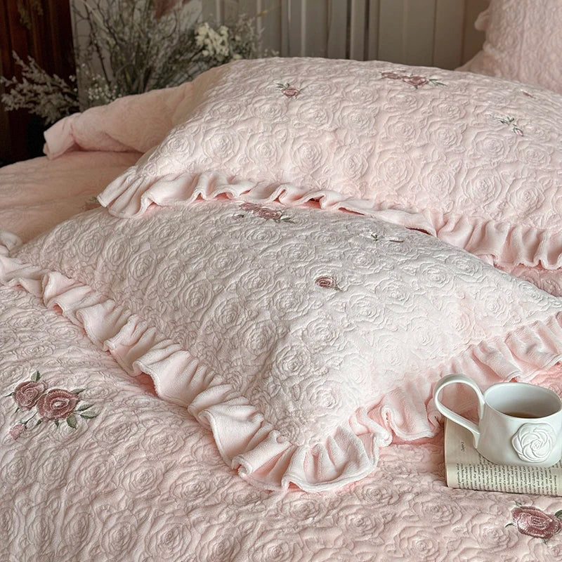 Afralia™ Pink Winter Milk Velvet Floral Ruffles Bedding Set