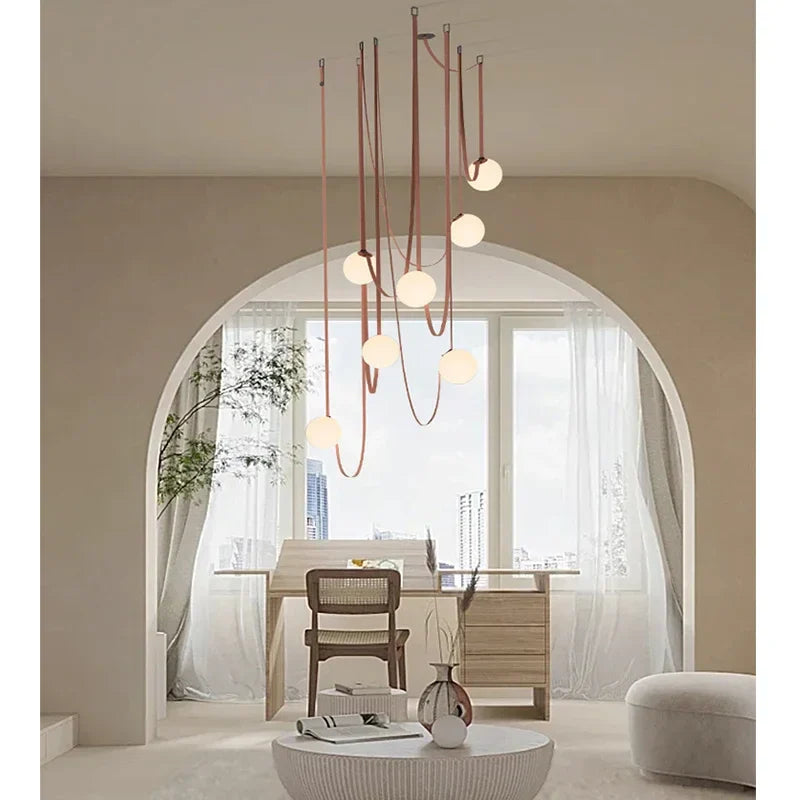 Afralia™ Modern Leather Staircase Villa Chandelier Glass Ball Dining Room Lighting