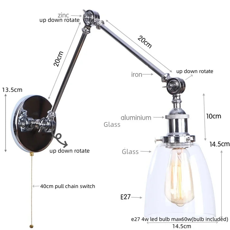 Afralia™ Chrome Industrial LED Wall Sconce Swing Arm Clear Glass Light