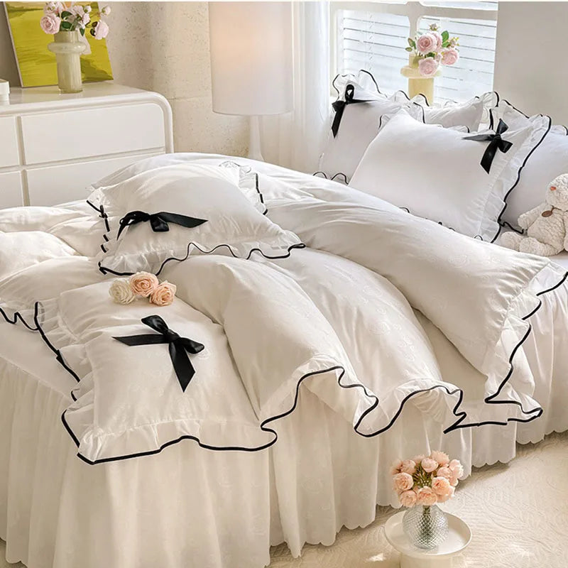 Afralia™ Lace Bow Bed Skirt Bedding Set in Romantic Solid Color for King Queen Double Sizes
