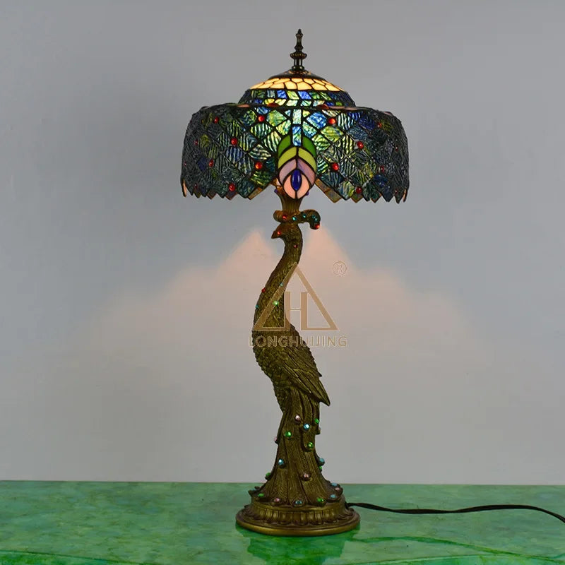 Afralia™ Peacock Stained Glass LED Bedside Table Lamp for Living Room Bedroom Lighting