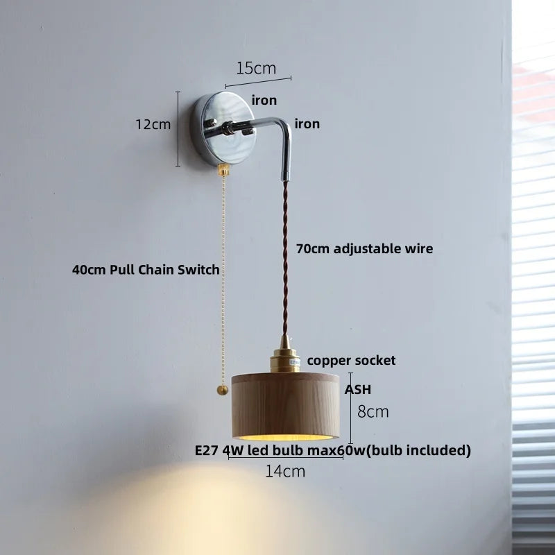 Afralia™ Ash Wood LED Wall Light with Pull Chain Switch, Japanese Style Bedside Lamp