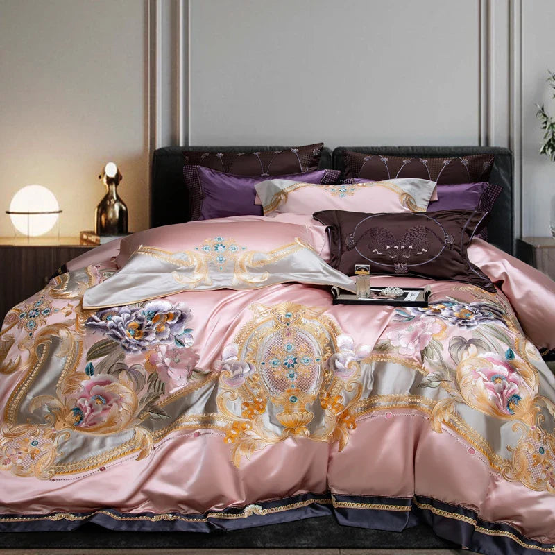 Afralia™ Pink Purple Embroidery European Palace Bedding Set - 9Pcs Premium Egyptian Cotton