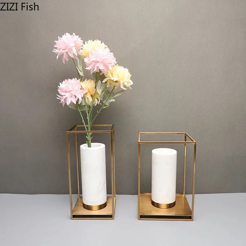 Afralia™ Marble Vase: Golden Frame, Floral Desk Decor, Elegant Room Ornaments
