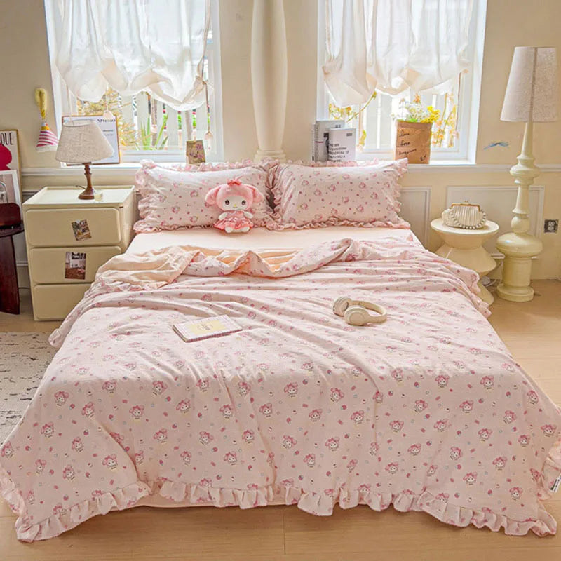 Afralia™ Korean Cotton Patchwork Quilt with Lace and Ruffle for Summer