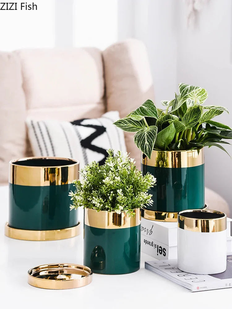 Afralia™ Luxury Emerald Ceramic Flowerpot with Gilded Border for Home and Office Decor