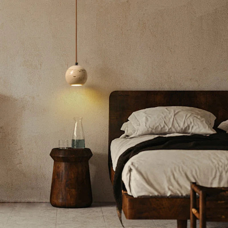Afralia™ Wood Canopy LED Pendant Lights Japanese Style Globe Travertine Hang Lamp