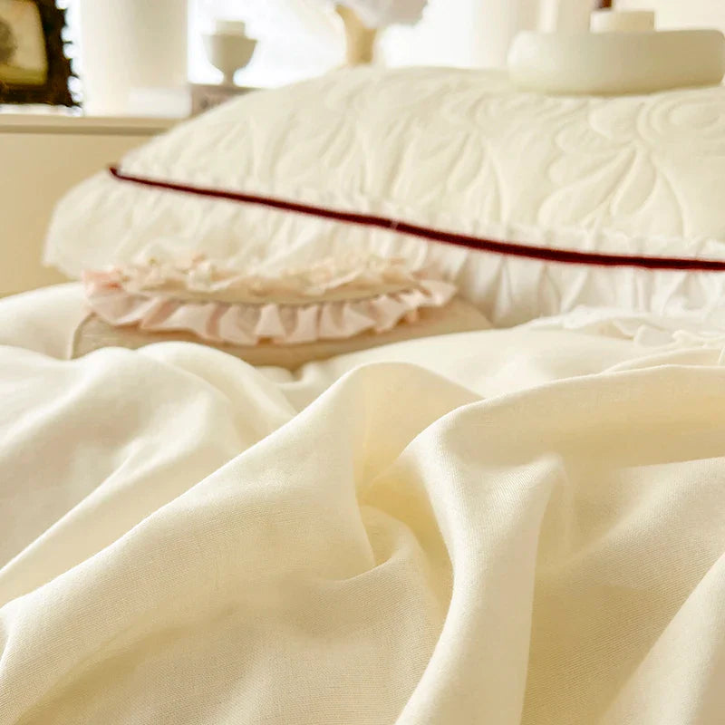 Afralia™ Lace Ruffles Bedding Set: 4pcs Solid Color Princess Quilt Cover, Bed Skirt, 100% Cotton Pillowcase