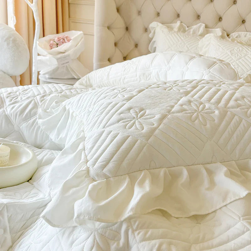 Afralia™ Korean Princess Style Quilted Bedding Set with Lace Ruffles 200x230cm