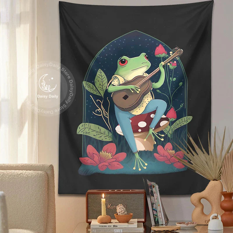 Afralia™ Psychedelic Frog Guitar Tapestry | Botanical Hippie Wall Cloth