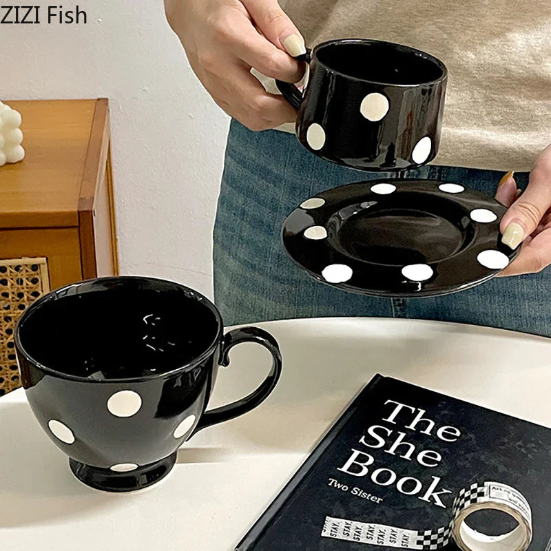 Afralia™ Polka Dots Ceramic Cup&Saucer Set - Modern Mugs for Coffee, Tea, Juice