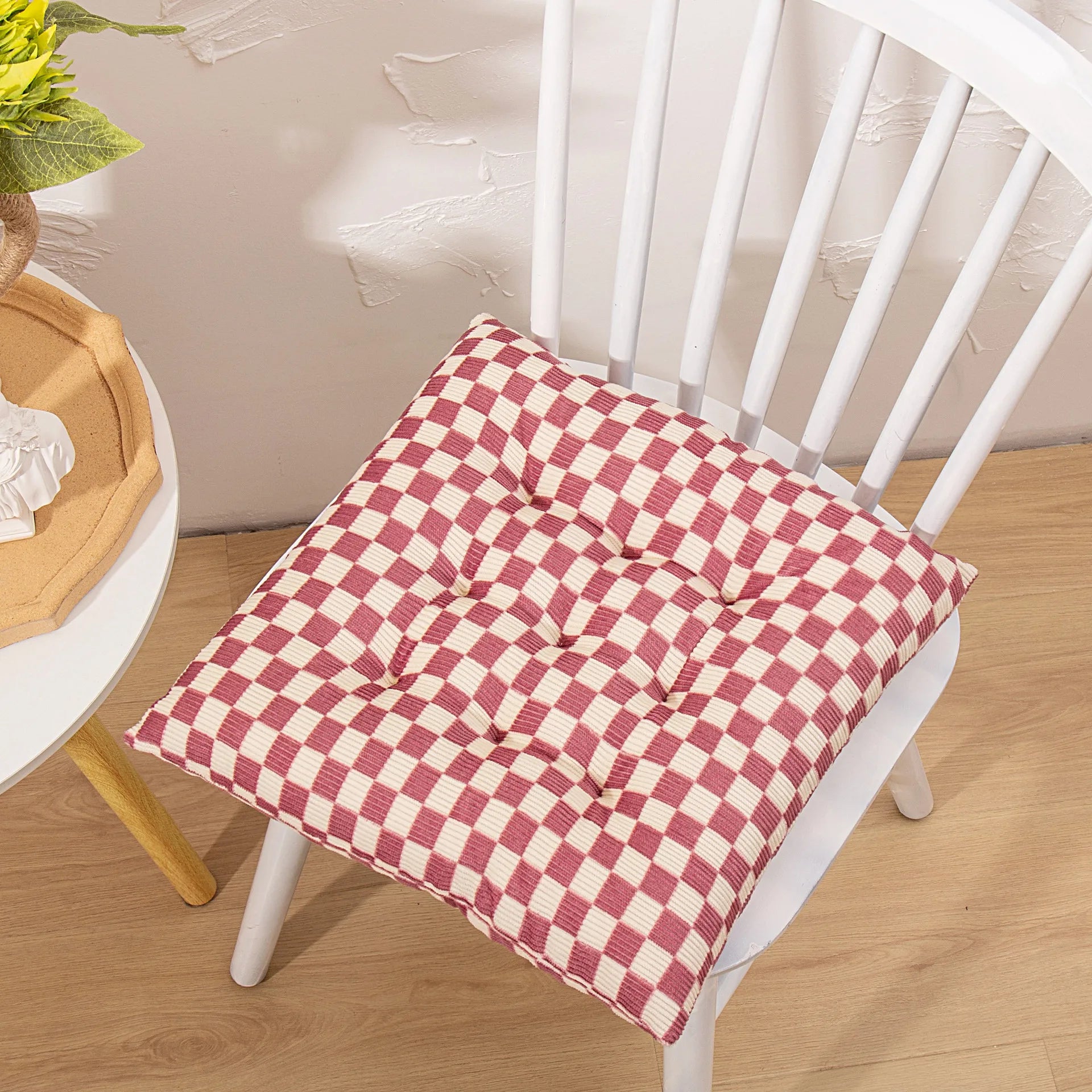 Afralia™ Checkered Corduroy Seat Cushion, Winter Thick Dining Chair with Strap