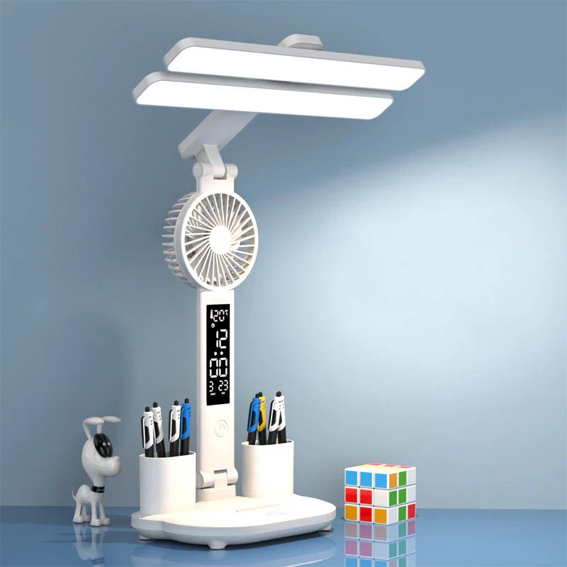 Afralia™ Rechargeable LED Desk Lamp with Fan, Clock Display and Reading Light