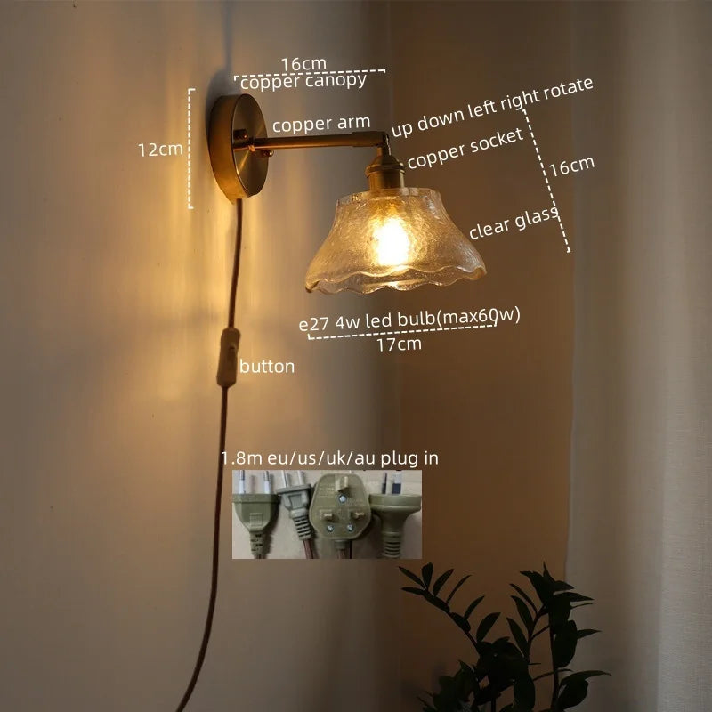 Afralia™ Glass Sconce LED Wall Lamp, Copper Nordic Bedroom Light Fixtures