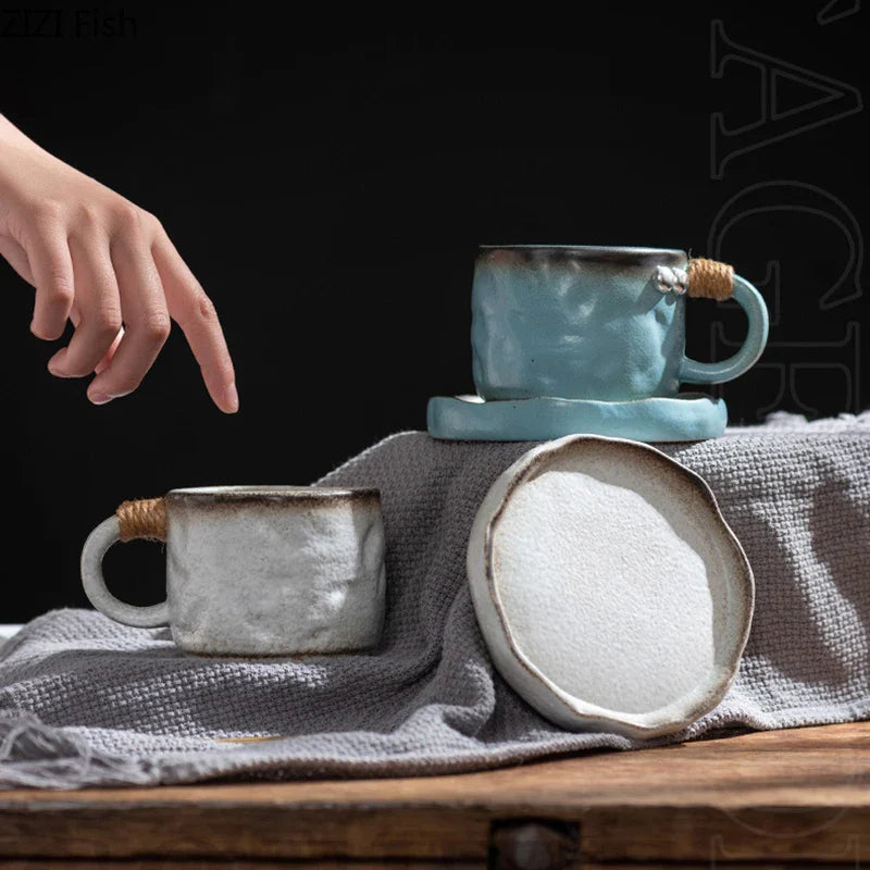 Afralia™ Coarse Pottery Cup & Saucer Set - Classical Mugs for Dining Table or Coffee