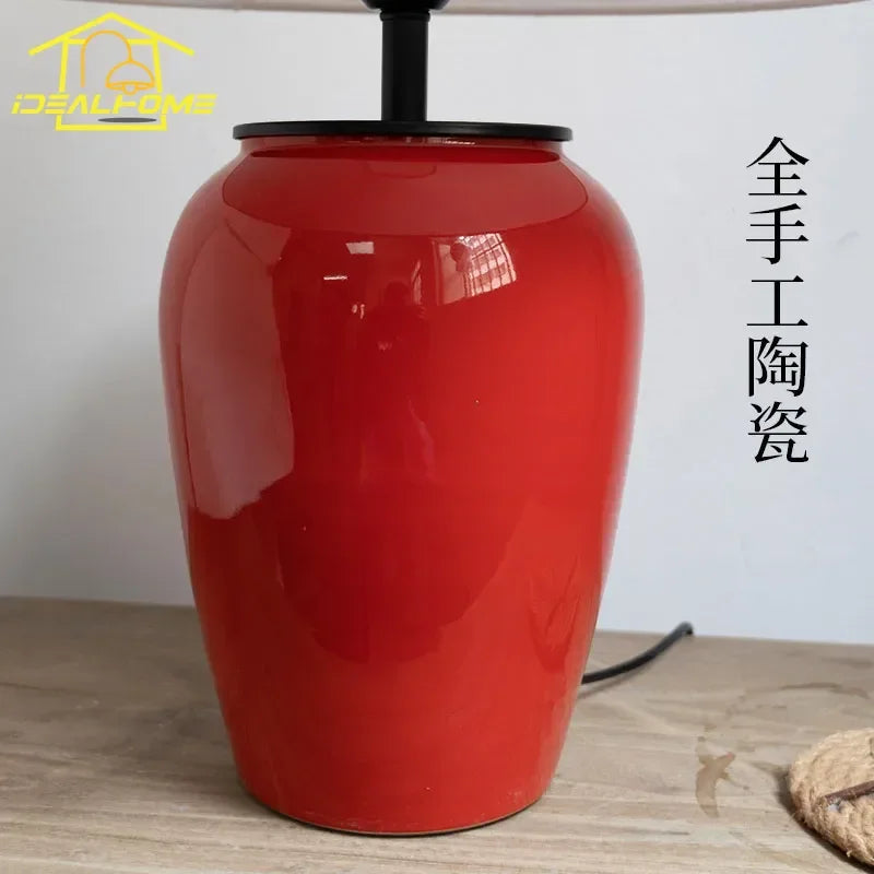 Afralia™ Red Ceramic Table Lamp LED E27 Fabric Lampshade - Art Decor for Home Decor