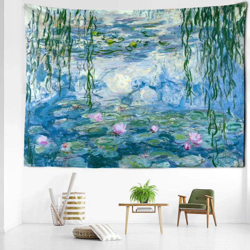 Water Lily Oil Painting Tapestry Wall Hanging by Afralia™ - Bohemian Abstract Art for Home Decor