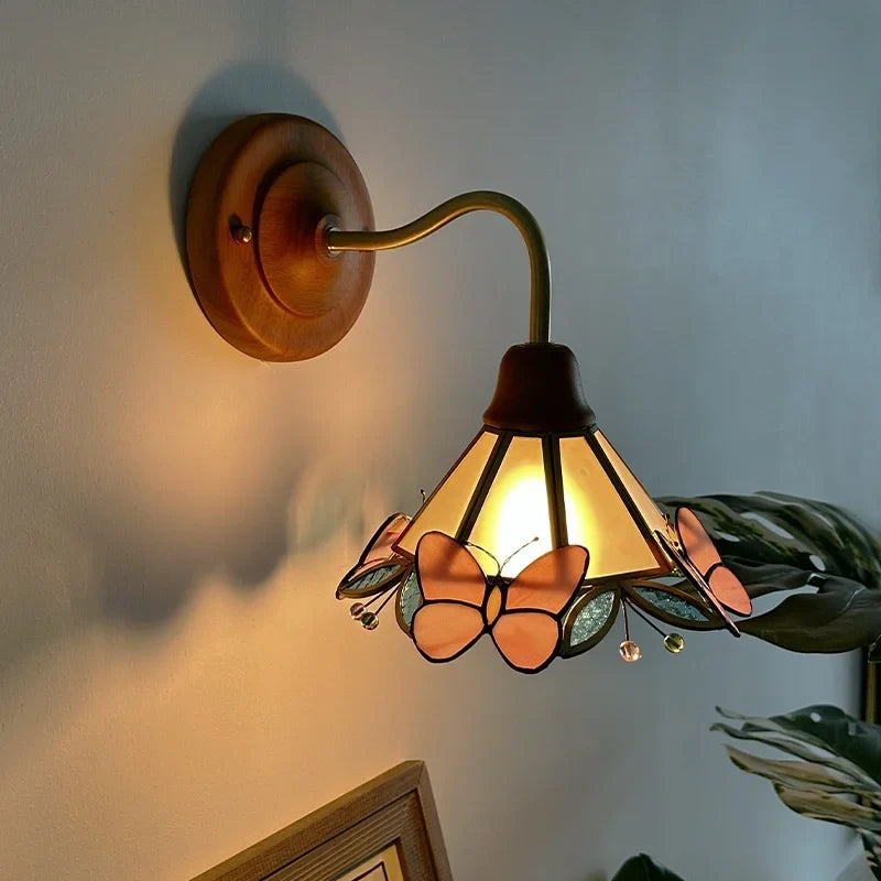 Afralia™ Butterfly Glass LED Wall Light with Copper Arm for Home Decor.