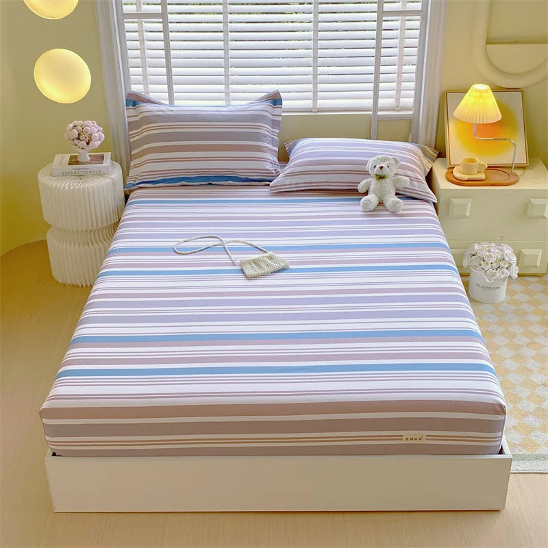 Afralia™ Cotton Striped Fitted Bed Sheet for Queen Double Mattress Cover