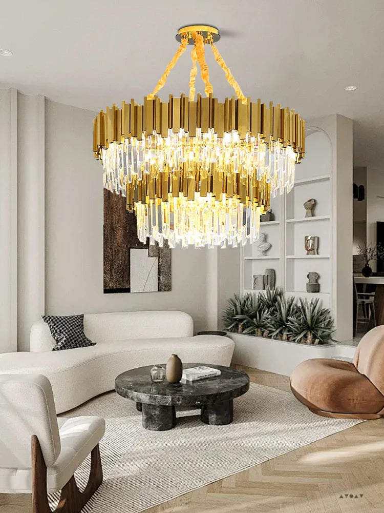 Afralia™ Crystal Chandelier: Dimmable Gold/Black Stainless Steel Hanging Lamp