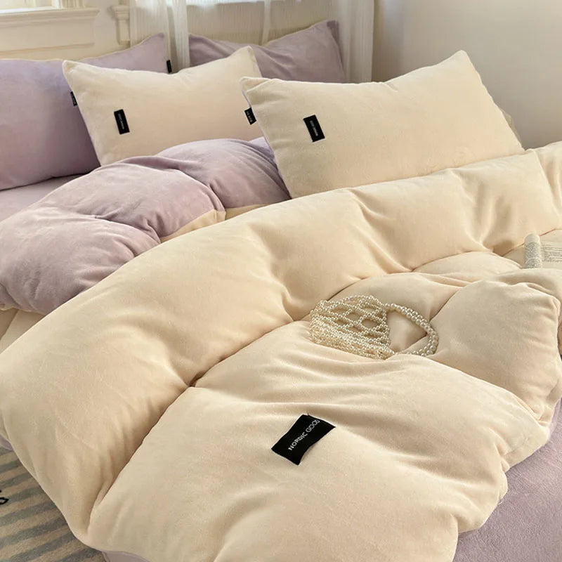 Afralia™ Coral Color Blocked Velvet Single Duvet Cover for Winter