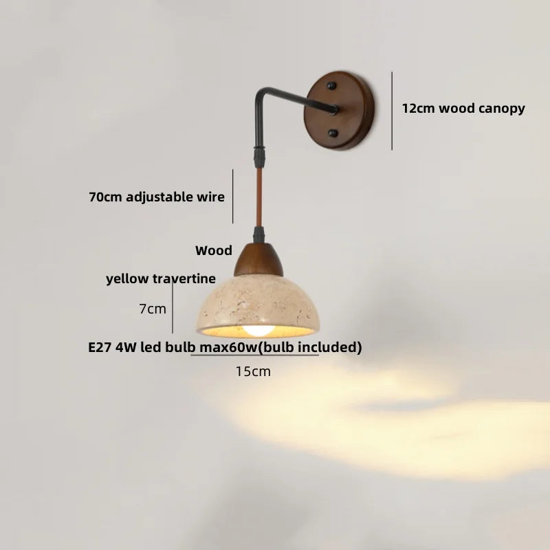 Afralia™ Wood Canopy LED Wall Sconce Yellow Travertine Stone Pull Chain Switch