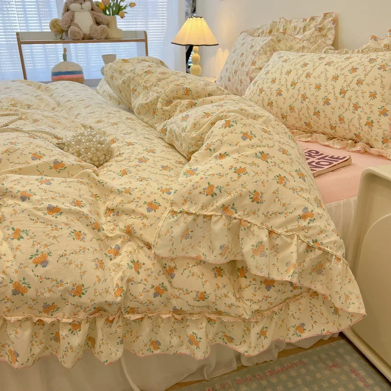 Afralia™ Lace Bedding Set: Printed Design, Single Queen Size, Cozy Quilt Cover, Fitted Sheet, 2 Pillowcases