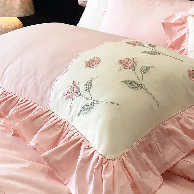 Afralia™ Vintage Pink Red Rose Flowers Embroidery Bedding Set with Ruffles