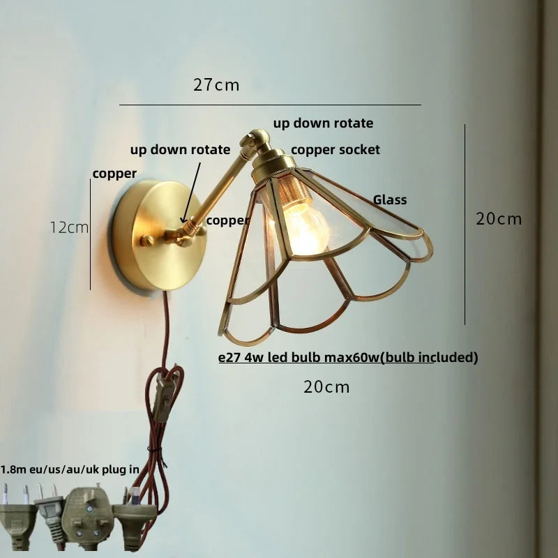 Afralia™ Vintage Brass Clear Glass Wall Lights Rotate Bedside Lamp for Restaurant Bedroom