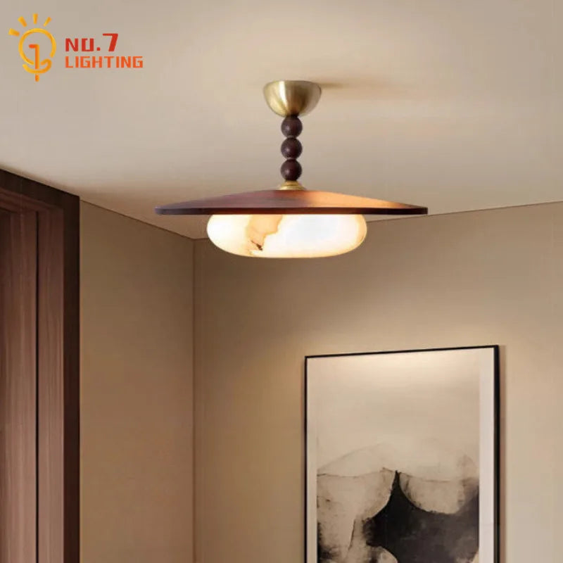 Afralia™ Vintage Wood Glass Ceiling Lamp LED Modern Light Fixtures for Home Decor