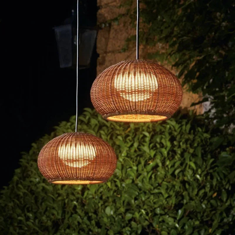 Afralia™ Chinese Style Outdoor Rattan Weaving Pendant Lights for Courtyard and Garden
