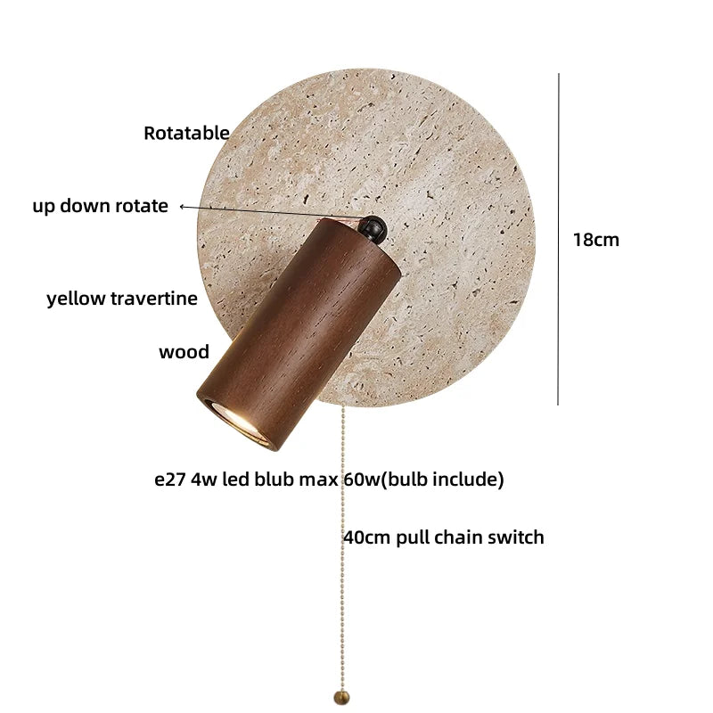 Afralia™ Wabi Sabi LED Wall Sconce, Pull Chain, Rotate Wood Mirror Light