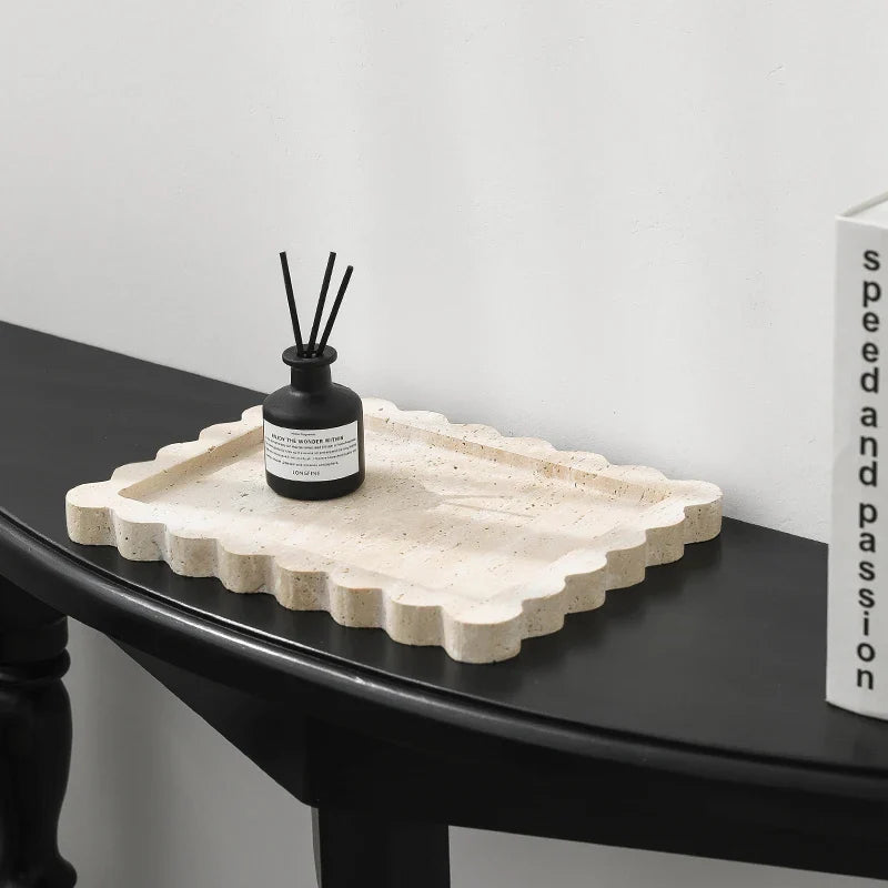 Afralia™ Travertine Scalloped Edge Vanity Tray for Bathroom Kitchen Home Decor