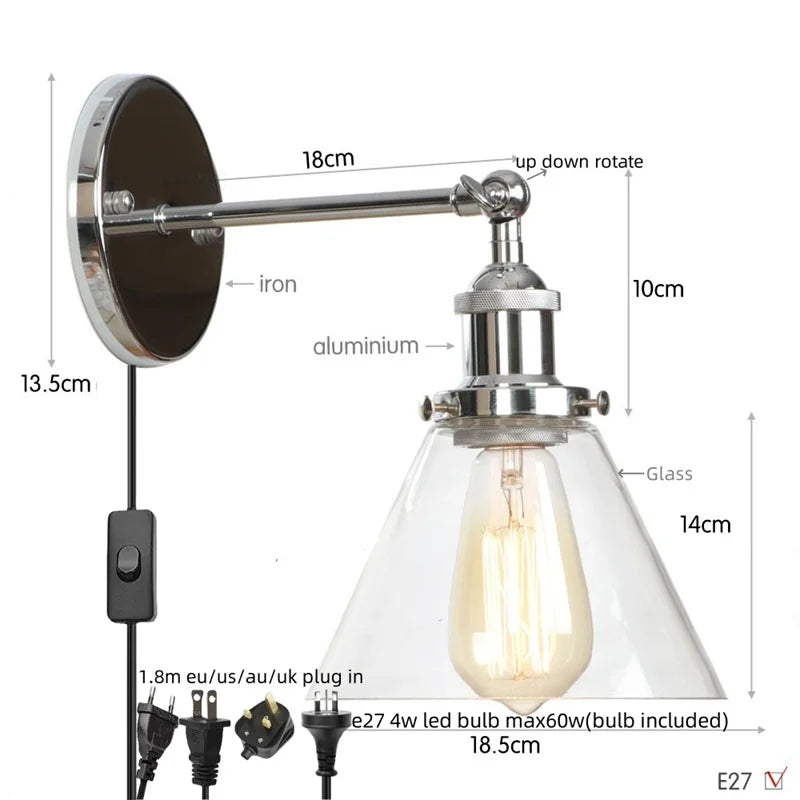 Afralia™ Clear Glass Iron LED Wall Sconce Rustic Industrial Vintage Plug In Light