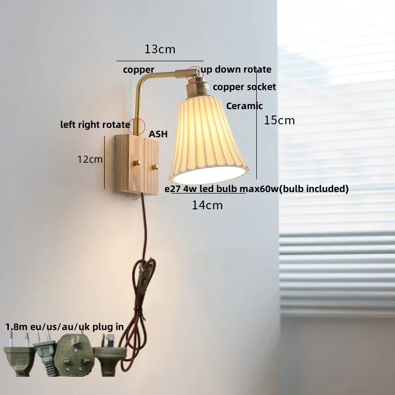 Afralia™ Ash Wood LED Wall Light Fixture with Pull Chain Switch, Modern Nordic Design