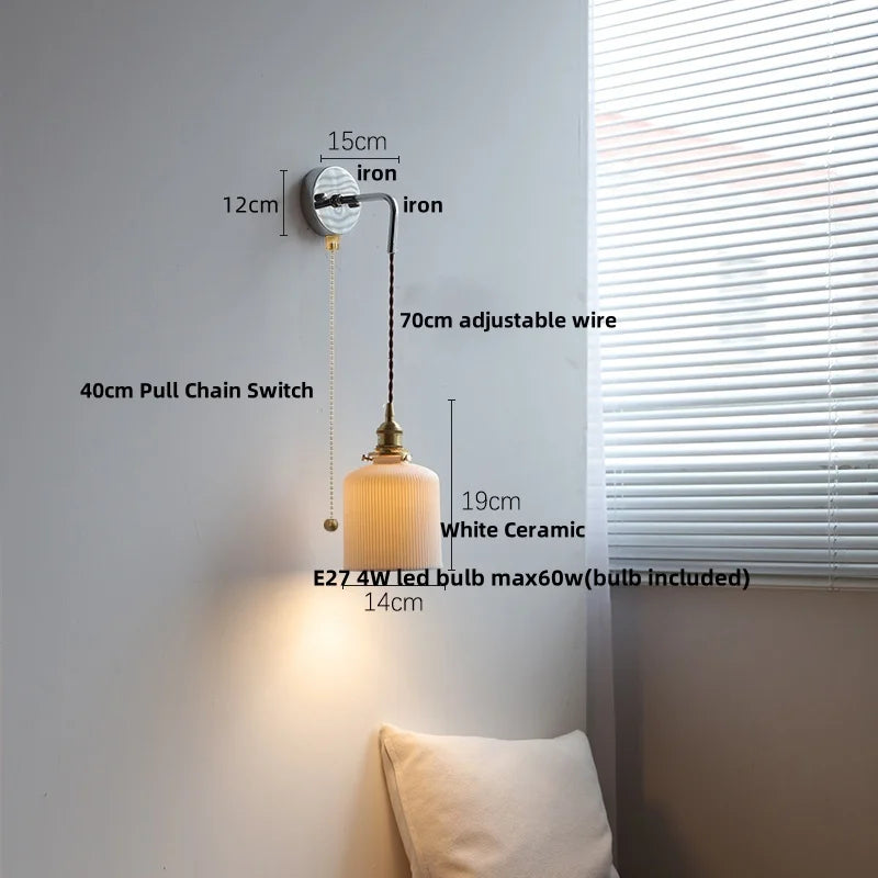 Afralia™ Ceramic LED Wall Sconce Pull Chain Switch, Modern Nordic Bathroom Mirror Light