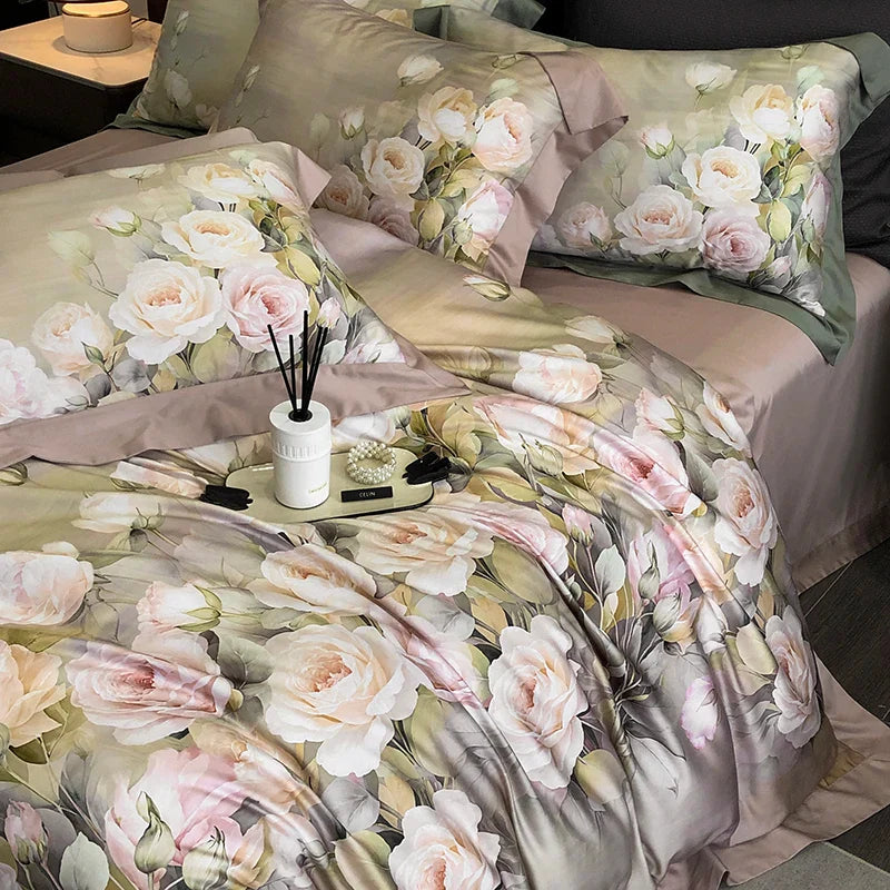 Afralia™ Luxury Floral Bedding Set with Lyocell Cotton Duvet Cover, Sheet, and Pillowcases