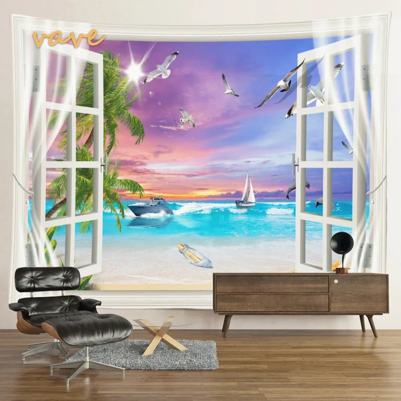 Scenic Sunset Palm Tree Tapestry by Afralia™ - Boho Beach Landscape Bedroom Decor