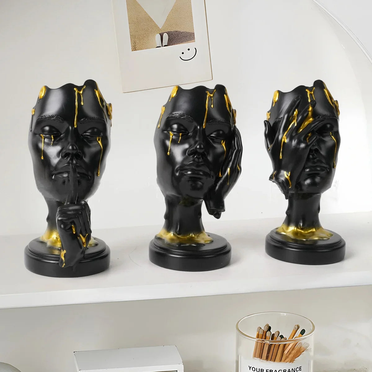 Afralia™ Abstract Face Mask Silence Gold Resin Statue Home Decor Figurine