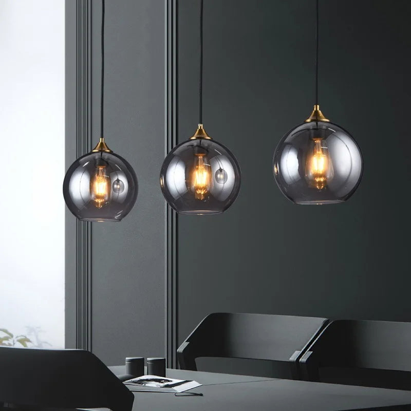 Afralia™ Smoke Gray Glass Ball Chandelier - Simple Luxury Pendant Lamp for Bedroom and Restaurant